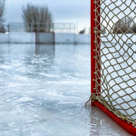 hockey net on an outdoor ice rink