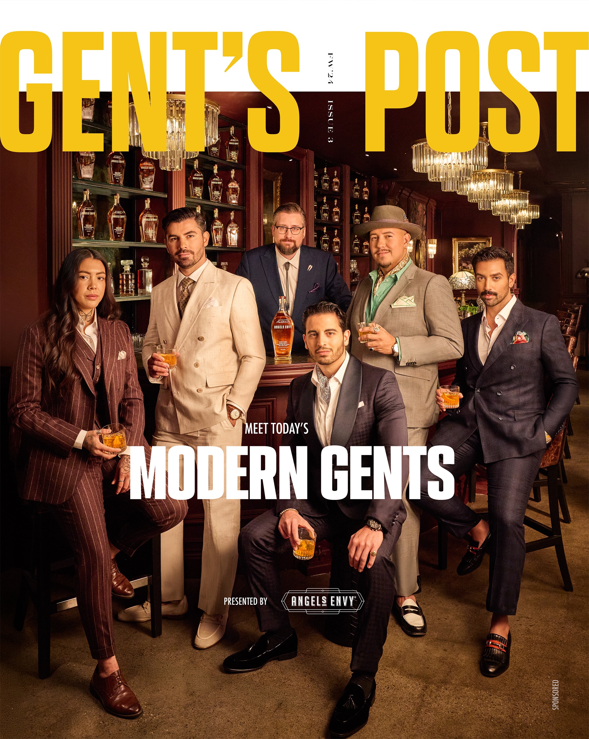 Modern Gents group (left to right): Natasha Morén-Espinoza, Alen Palander, Lucas Twyman, Samir Mourani, Steven Branco and Ashman Hobian, with a bottle of Angel’s Envy Kentucky Straight Bourbon Whiskey Finished in Port Wine Barrels. (Photo: Shot by Nick Merzetti, Produced and directed by Steven Branco for Gent’s Post/Angel’s Envy) Nick Merzetti