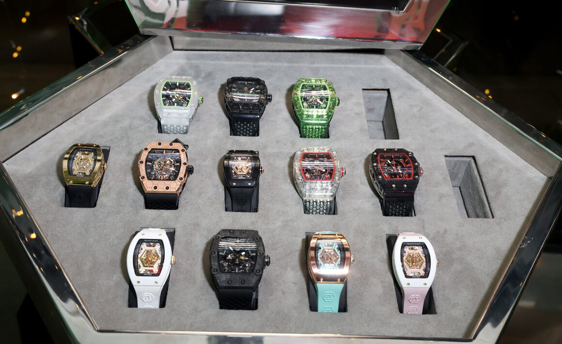 LAS VEGAS, NEVADA - DECEMBER 07: Philipp Plein watches are displayed during the grand opening of Vegas Auto Gallery on December 07, 2024 in Las Vegas, Nevada. (Photo by Gabe Ginsberg/Getty Images for Vegas Auto Gallery)