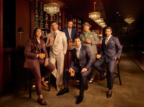 Modern Gents group (left to right): Natasha Morén-Espinoza, Alen Palander, Lucas Twyman, Samir Mourani, Steven Branco and Ashman Hobian, with a bottle of Angel’s Envy Kentucky Straight Bourbon Whiskey Finished in Port Wine Barrels. (Photo: Shot by Nick Merzetti, Produced and directed by Steven Branco for Gent’s Post/Angel’s Envy)