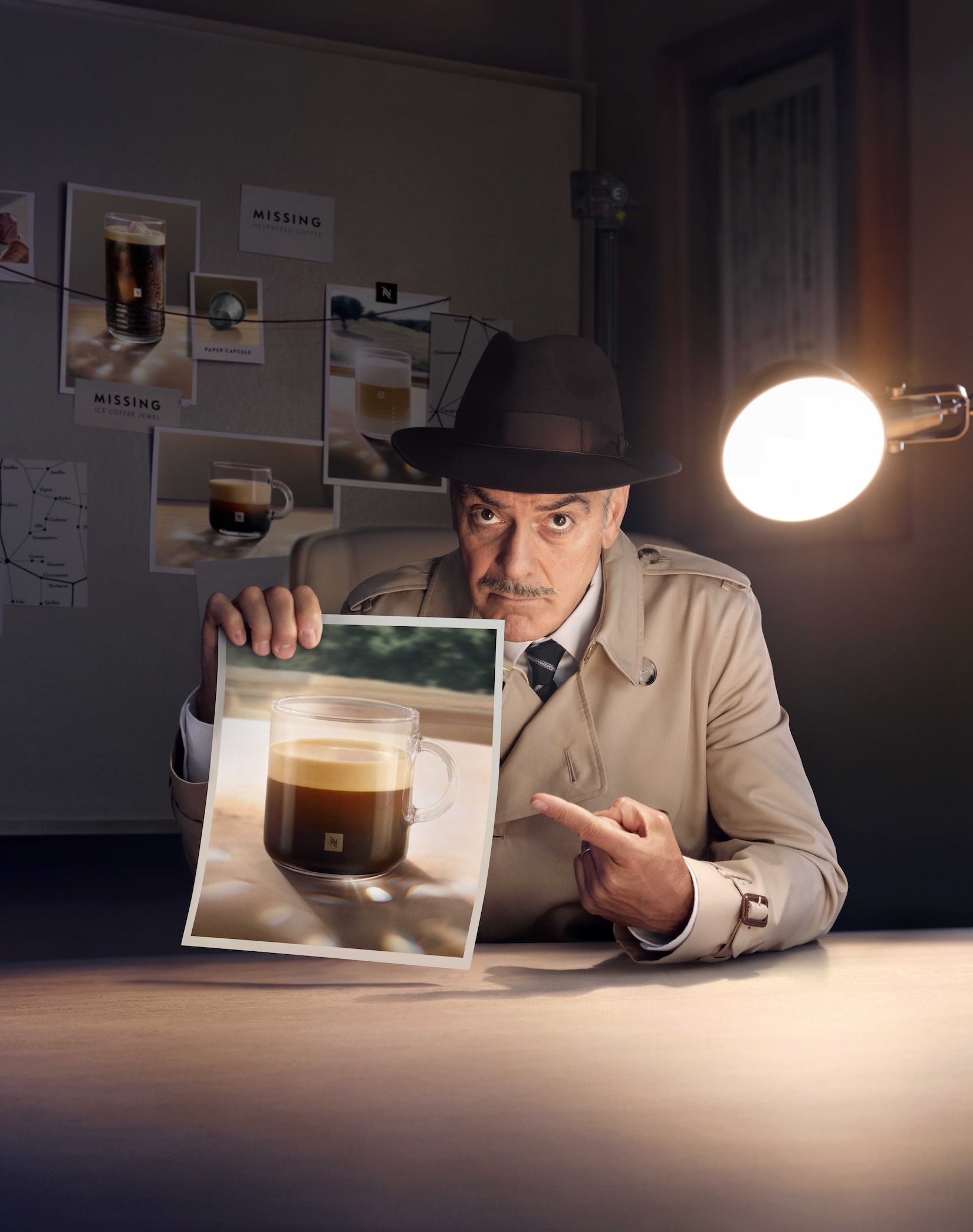 Detective commercial spot for Nespresso with George Clooney on set Coffee Main character key art