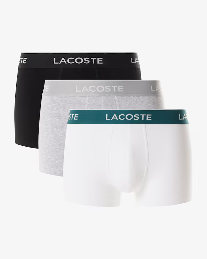 Lacoste underwear stretch trunks worn by Jacob Z Perez in the campaign shoot grey and white and green