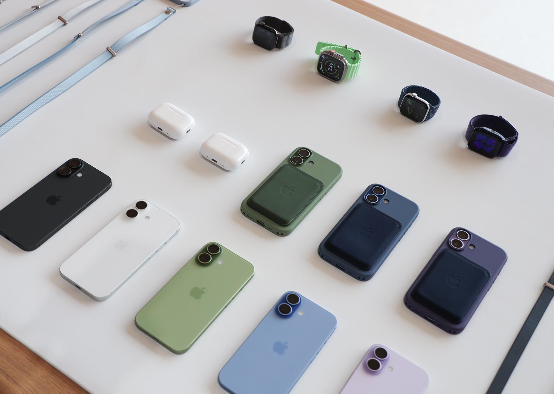 Newly released Apple Watches, AirPods Pro and iPhone lineup on display at Apple Park. 