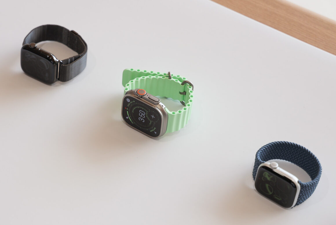 Apple Watch Series 11, Apple Watch SE and Apple Watch Ultra 3 on display at Apple Park. Photo by Steven Branco