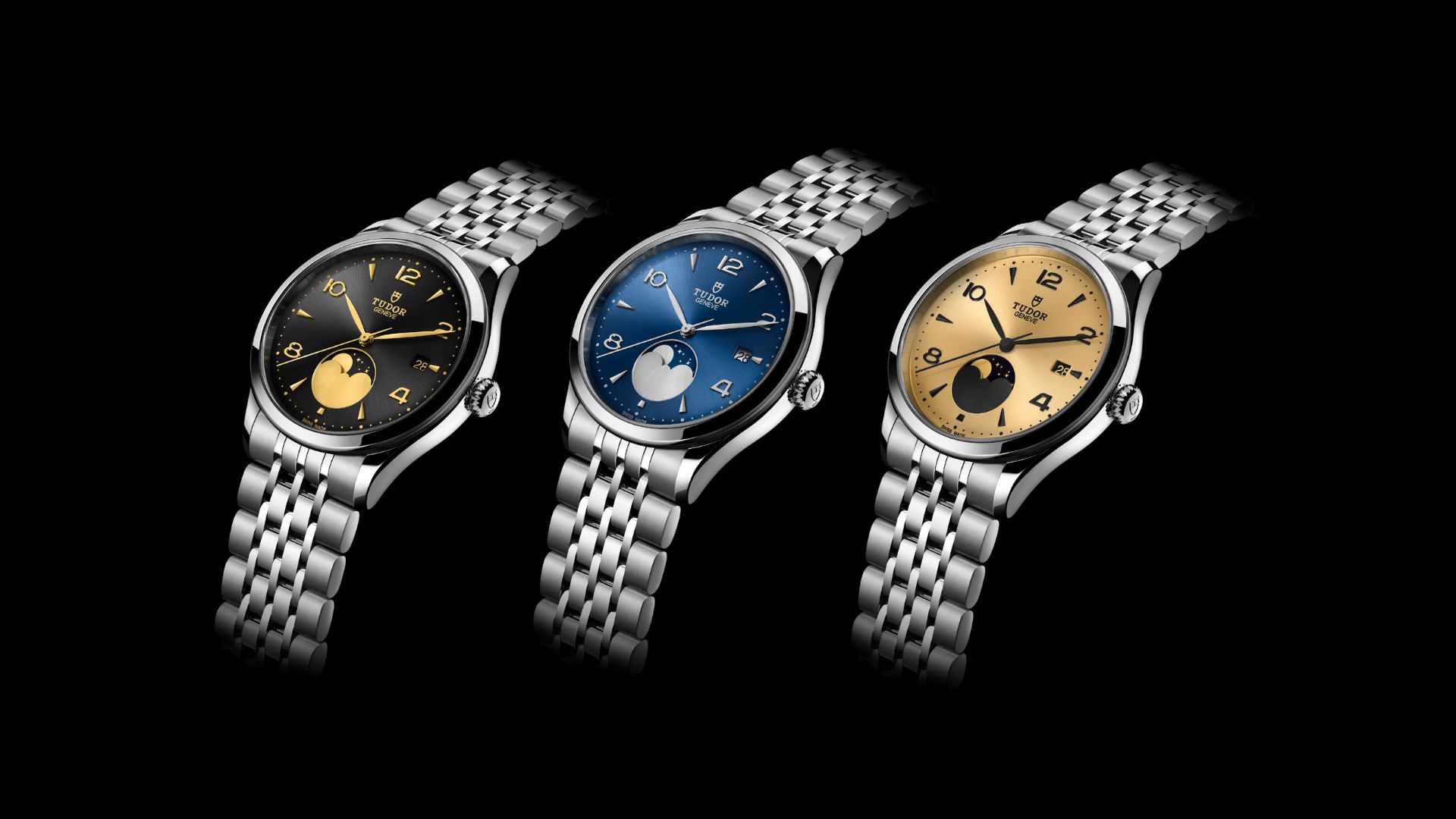 FT TO RIGHT: ALL THREE MODELS OF THE TUDOR LUNA, in tHE BLACK FACE WITH GOLD DETAILS, BLUE FACE wITH SILVER DETAILS, AND GOLD FACE with BLACK DETAILS. (Photos: Courtesy of TUDOR, DESIGN by Stamina Group)