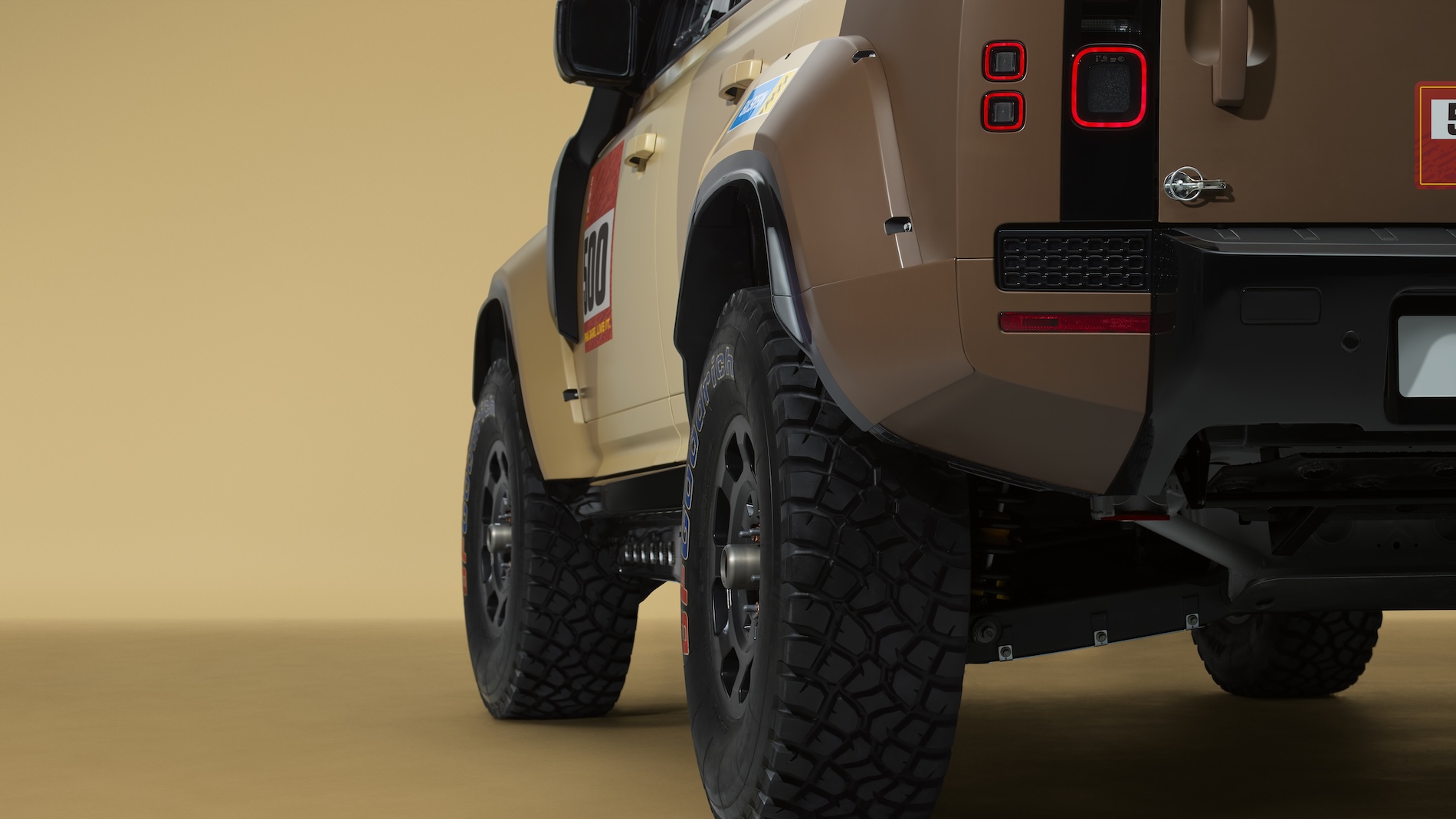 Land Rover Defender Dakar DX7-R Bodywork has been modified at the front and rear to ensure the D7X‑R retains its OCTA design DNA while increasing the approach and departure angles. OCTA’s extended wheel arches are made more prominent on the D7X‑R, accommodating that wider track and providing an even bolder stance. The door panels have been trimmed and sills added to accommodate extended under‑floor protection to combat the extreme impacts expected during racing. 