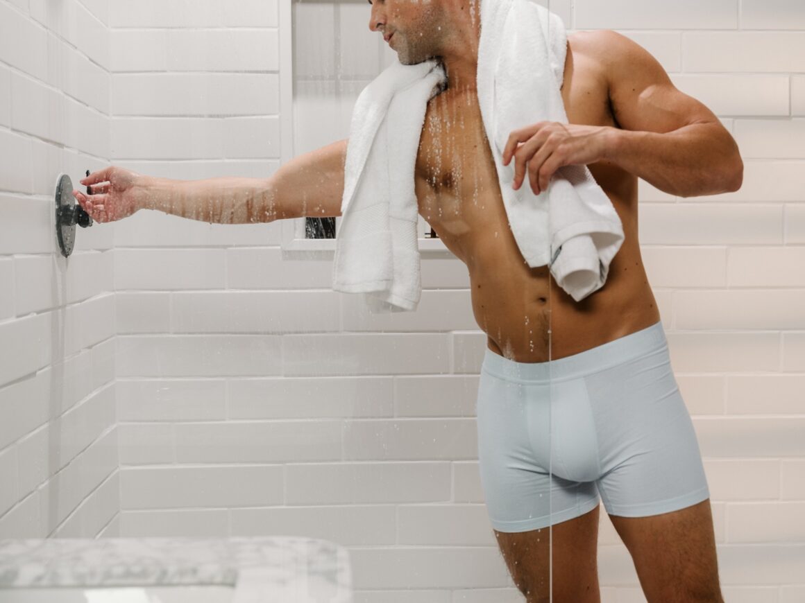 PHOTO: Courtesy of MNTD mens underwear garments undergarments socks bathroom male model wearing underwear getting into shower menswear 