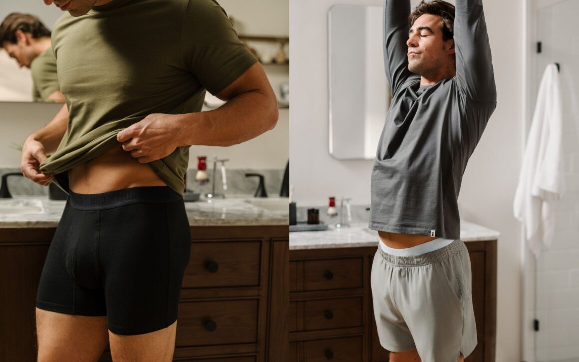 Menswear campaign of MNTD essentials basic and underwear being put to use by men and gents alike for working out daily use and more the new Knixx brother brand. 